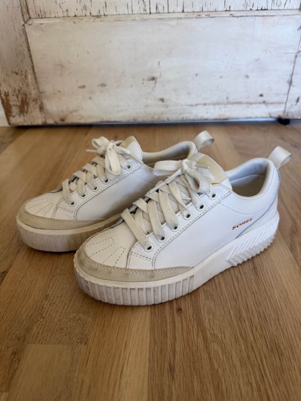 Sorel Cream and White Platform Lace-Up Sneakers